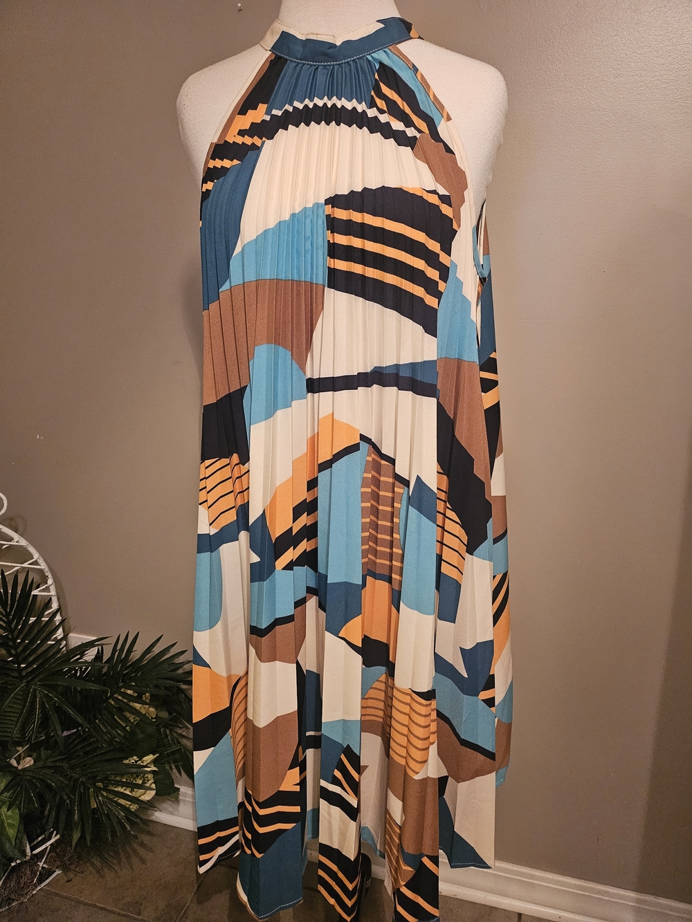 Colorblock Wavy Print Dress in Blue, Orange & Black